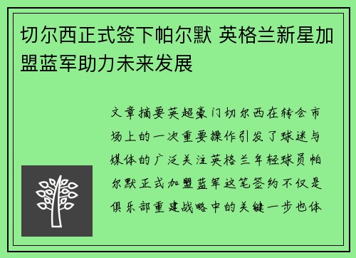 切尔西正式签下帕尔默 英格兰新星加盟蓝军助力未来发展 切尔西正式签下帕尔默 英格兰新星加盟蓝军助力未来发展