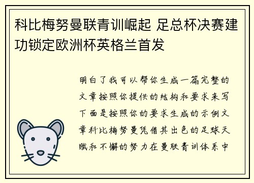 科比梅努曼联青训崛起 足总杯决赛建功锁定欧洲杯英格兰首发