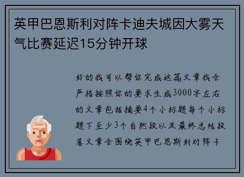 英甲巴恩斯利对阵卡迪夫城因大雾天气比赛延迟15分钟开球