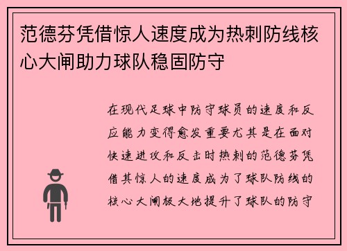 范德芬凭借惊人速度成为热刺防线核心大闸助力球队稳固防守 范德芬凭借惊人速度成为热刺防线核心大闸助力球队稳固防守