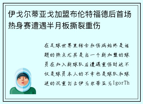 伊戈尔蒂亚戈加盟布伦特福德后首场热身赛遭遇半月板撕裂重伤